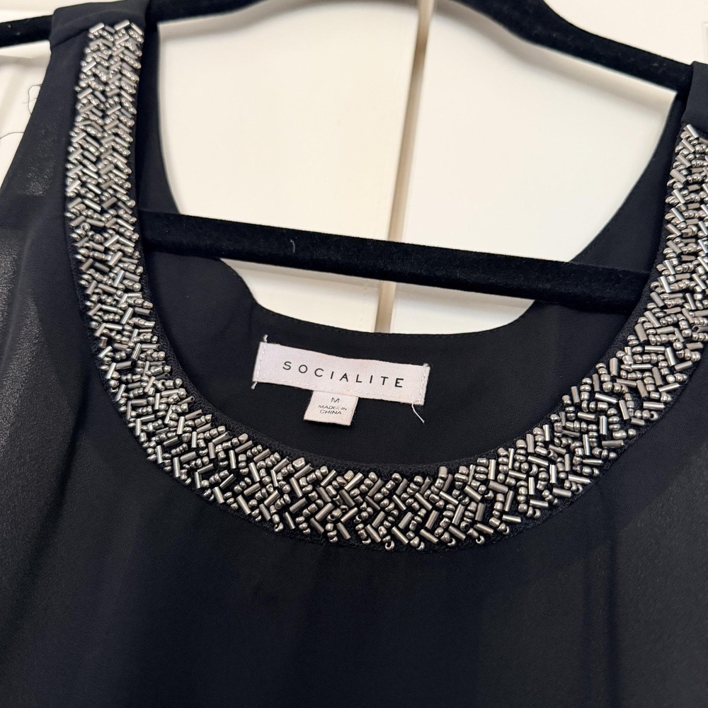 Socialite Tank Top Womens M Black Beaded Scoop Neck Chiffon Racerback Dressy - Picture 3 of 8